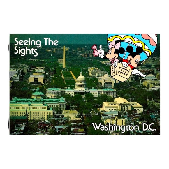 Rare Disney Postcard Mickey & Minnie Mouse Hot Air Balloon Aerial Washington DC - Picture 1 of 2